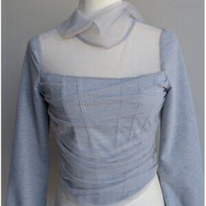 Mock Neck Mesh Sheer Gray Long Sleeve Top